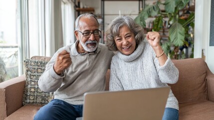 Older couple joyfully cheering while watching a live sports match on a laptop, cozy atmosphere with warm lighting and natural expressions