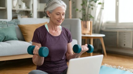 Senior woman lifting dumbbells during online workout session at home, cozy interior with warm light, promoting healthy lifestyle and fitness