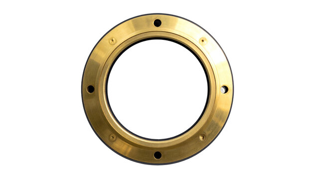 A circular, gold-colored metal ring with evenly spaced screw holes on black