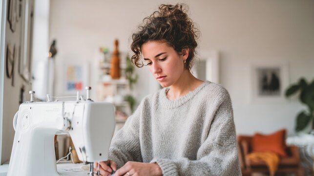 Stylish young woman sewing on a vintage machine in a cozy minimalist interior, showcasing mindful crafting and slow living lifestyle