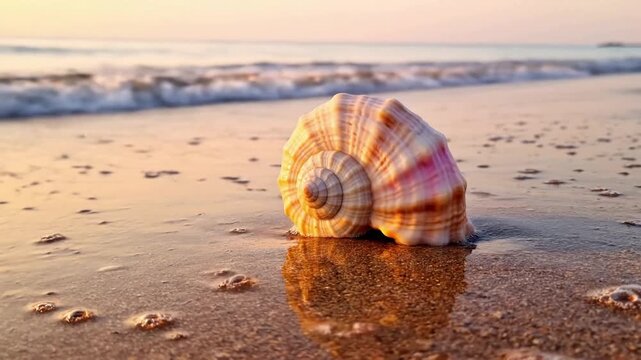 Wide Beach Panorama A pristine, intricate spiral seashell (e.g., conch or nautilus like) partially submerged in wet, golden sand on a tranquil, untouched beach at dawn or dusk. Gentle, foamy ocean wav