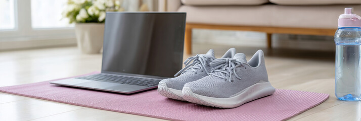 Modern home workout setup featuring sports shoes, laptop, and water bottle on a pink yoga mat, promoting digital fitness and healthy lifestyle