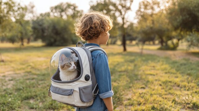 Child wearing a pet backpack carrier with a curious cat peeking out, enjoying a golden hour hike in a natural park setting