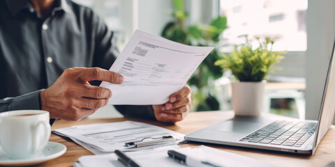 Editorial wide-angle photo of a person's hands reviewing salary paperwork at a bright desk with copy space for financial planning concepts