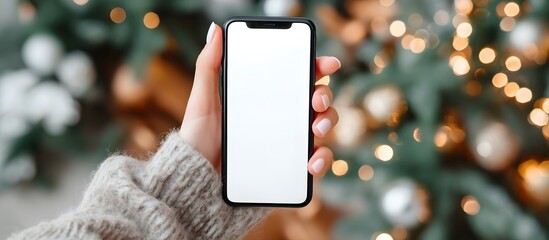 Hand holding a smartphone with a blank screen against a bokeh background of festive lights