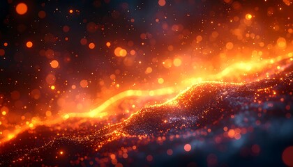 Abstract fiery orange light waves on dark blue background with bokeh effects, creating a captivating visual display