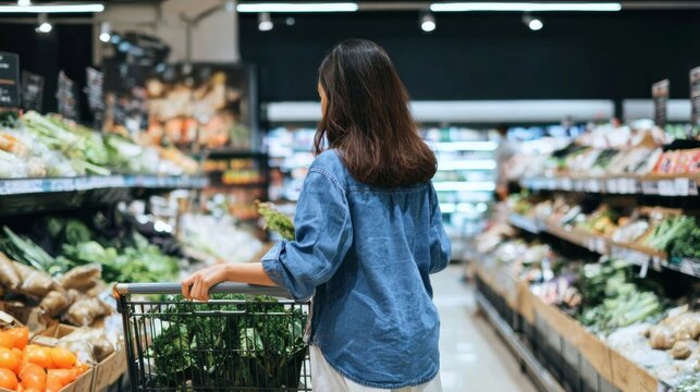 Woman shopping for organic produce in a grocery store, cinematic POV from cart height, showcasing vibrant colors and fresh vegetables - Powered by Adobe
