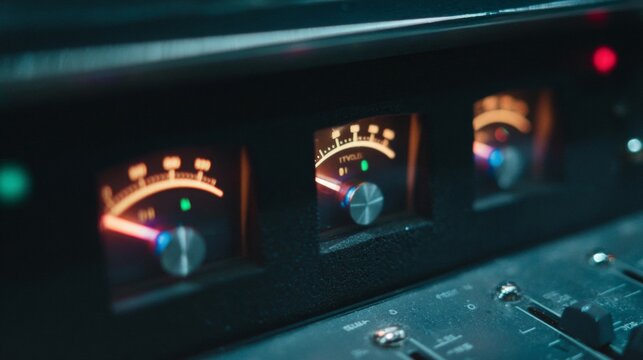 Cinematic close-up of vintage preamp VU meters glowing warmly, showcasing audio equipment in a recording studio atmosphere with nostalgic charm - Powered by Adobe