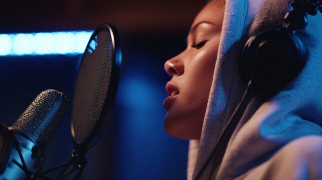 Female rapper in oversized hoodie passionately recording vocals in a studio, surrounded by audio equipment and dramatic LED lighting - Powered by Adobe