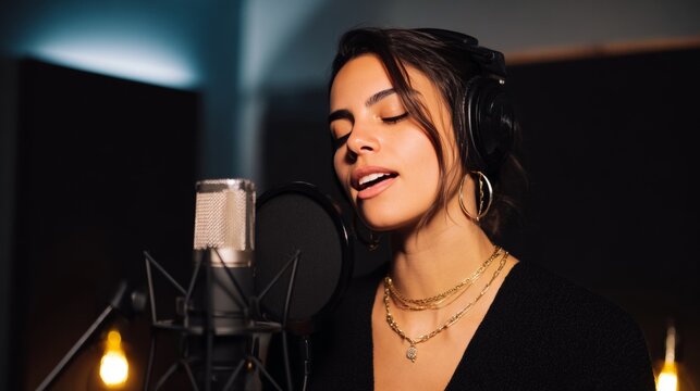 Vocalist passionately singing into a microphone in a modern recording studio, illuminated by soft golden light with subtle smoke effects