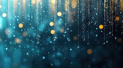A dark, abstract background with shimmering bokeh lights in gold and teal, overlaid with delicate strands of falling water droplets and tiny sparkling particles