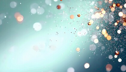 An abstract background with soft bokeh lights and shimmering glitter particles in warm gold and cool white tones, set against a smooth blue and teal gradient.