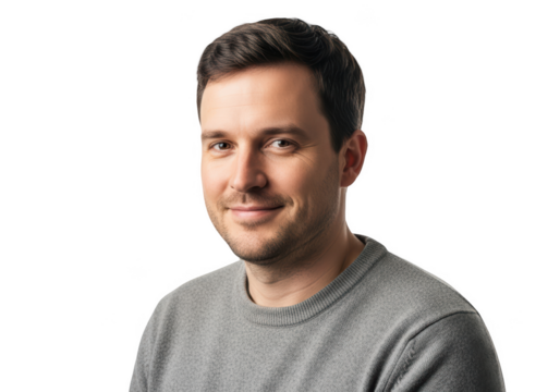 A professional headshot of a man in a gray sweater, gray, man, portrait, pose, shirt, smile, sweater, sweatshirt  - Powered by Adobe