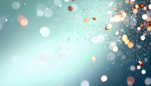An abstract background with soft bokeh lights and shimmering glitter particles in warm gold and cool white tones, set against a smooth blue and teal gradient.