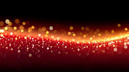 Abstract bokeh lights in red and gold tones create a flowing wave pattern against a dark black background, suggesting celebration or magic.