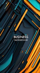 A dark, abstract background with layered geometric shapes and dynamic lines in orange, teal, and dark gray. The composition creates a sense of depth and movemen
