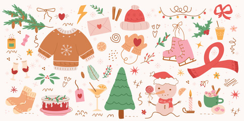 winter pattern, cute illustration.  tree, stars, dots, snow, simple  design. hand drawn doodles are isolated on a pink background. A trend concept for print, banner, social network, poster. vector art