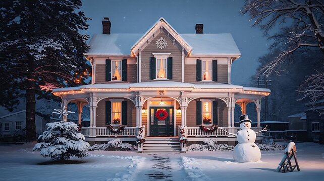 Charming Snow-Covered Victorian House Decorated for Christmas with Wreaths and Snowman on Winter Evening