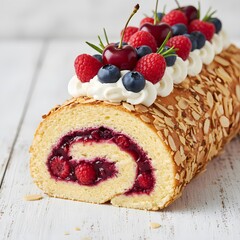 Berry Cream Roll Cake , Festive Dessert with Whipped Cream and Fresh Fruits