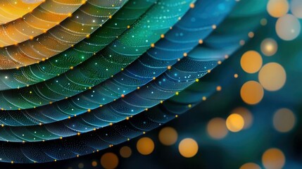 Abstract, colorful, layered forms with glowing dots and bokeh effect, suggesting digital art or technology.