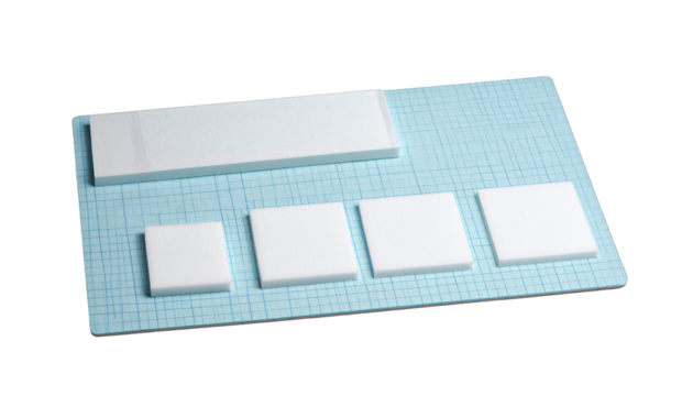 White rectangles and squares arranged on blue grid paper, well-lit, studio setting - Powered by Adobe