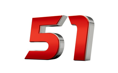 Metallic Red number 51 Fifty one with a glossy finish and reflective silver edges. 3d illustration