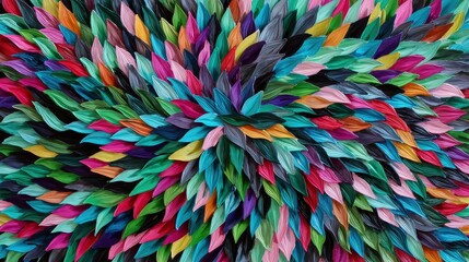 A close-up, abstract view of numerous colorful, petal-like shapes arranged in a radial pattern, bursting outwards from a central point. The shapes are textured