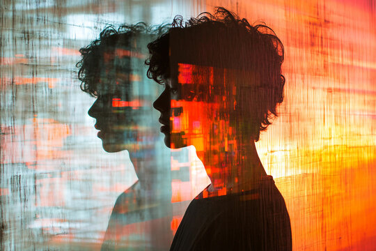 Generative AI glitch art of surreal psychedelic silhouette with abstract distortion and colorful visual waves