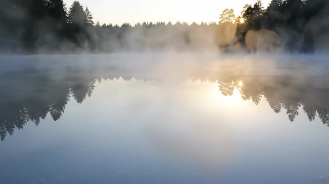Super slow motion close up of dense morning fog swirling and condensing just above the calm, mirrored surface of a still lake mist, condensing, mirrored surface