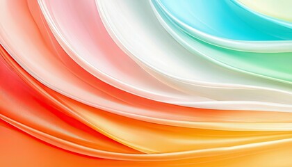 A vibrant abstract background with flowing, curved bands of color transitioning from orange and yellow to pink, white, green, and blue. The smooth, glossy textu