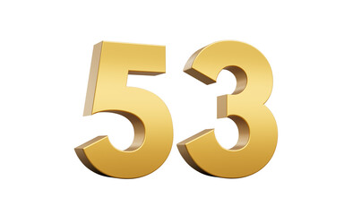 3D Golden number 53 Fifty three with a shiny metallic finish and sharp edges, 3d illustration
