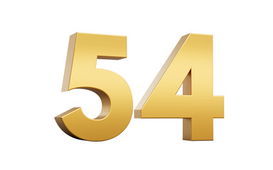 3D Golden number 54 Fifty four with a shiny metallic finish and sharp edges, 3d illustration