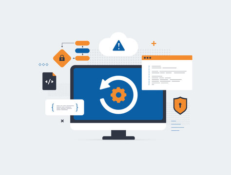 Reverse engineering code analysis security threat detection capturing code tampering patterns inside modern software builds with clear focus on risk behavior and tool action. Vector illustration