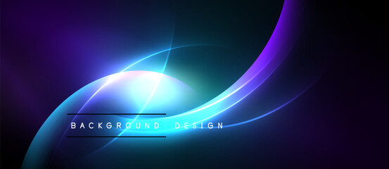 Abstract background design features vibrant curves, glowing light effects, dark gradients. Modern aesthetic, suitable for digital projects.