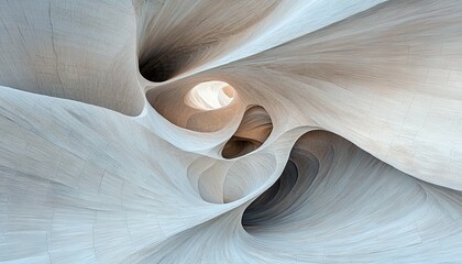 An abstract, organic architectural space with flowing, curved walls and soft, ambient light filtering through openings.