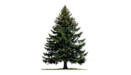 A full, triangular-shaped evergreen tree with green needles and scattered orange cones against a solid white background