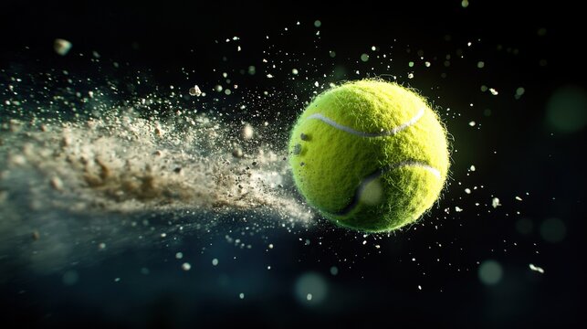 Dynamic Green Tennis Ball in Motion with Dust and Splatter Effects