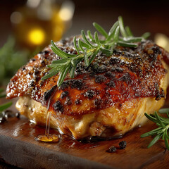 Crispy roast chicken quarter with glistening juices and char marks under warm moody light — high-detail food close-up