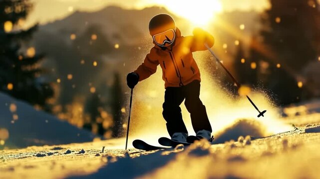 Child skiing at sunset on a snow-covered mountain in winter landscape