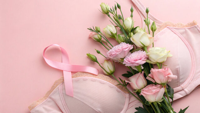 Pink bras and flowers organized for Breast Cancer Awareness Month celebration - Powered by Adobe