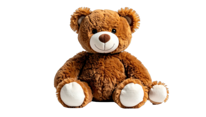 A friendly, fluffy, brown teddy bear sitting against a black background