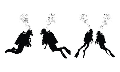 Scuba divers group silhouette underwater with oxygen bubbles