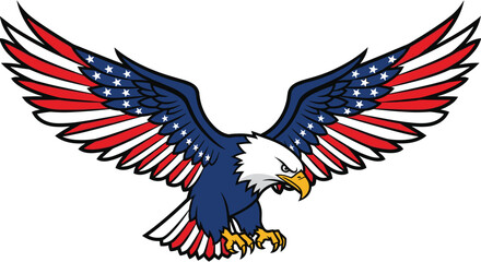 Majestic American eagle with patriotic flag wings soaring powerfully for freedom and independence day celebrations on the 4th of July