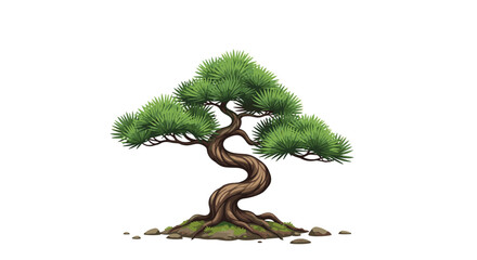 Serene bonsai tree illustration with winding trunk, perfect for tranquil nature designs and peaceful zen garden concepts on white background