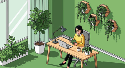 Woman enjoying a peaceful reading break in her vibrant, plant-filled home office, creating a serene and inspiring workspace for creatives