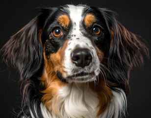 Close-up of a tricolored dog with soulful eyes against a dark background