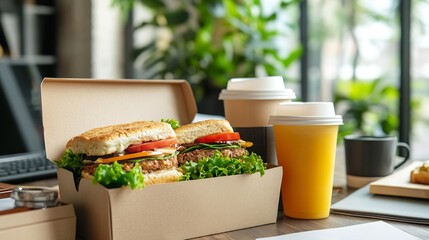 Breakfast delivery box sandwiches juice and coffee cup placed near office workspace items