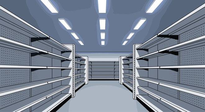 Empty supermarket shelves ready for restocking during challenging economic times with overhead lighting and clean aisles offering opportunities