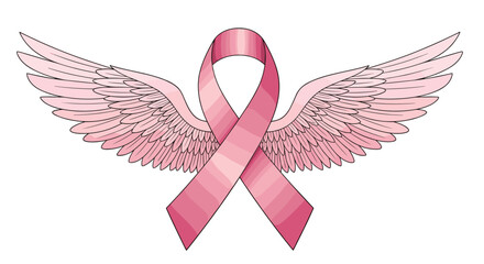A pink breast cancer awareness ribbon with angel wings design, a powerful symbol of hope, courage, and strength for survivors