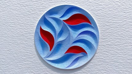 A circular, abstract design featuring flowing blue wave-like shapes and three vibrant red leaf-like elements, set against a textured white background.
